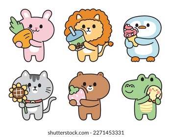 Set of cute animal hug object on white background.Cartoon charatcer design collection.Rabbit,lion,penguin,cat,bear,crocodile hand drawn.Kawaii.Vector.Illustration.