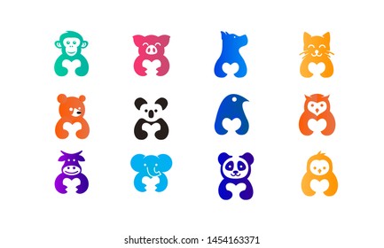set of cute animal huge love hearth logo