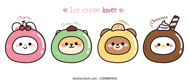 Set of cute animal in ice cream head costume.Funny cartoon character design.Rabbit,shiba inu dog,bear,hen hand drawn.Kawaii.Vector.Illustration.