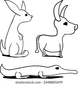 Set of cute animal icons. Among them are a crocodile, a kangaroo and a goby.