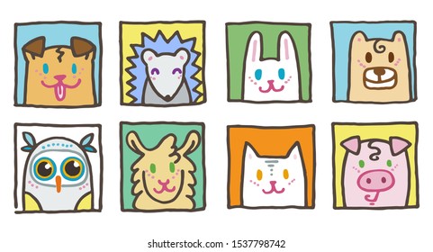 Set of cute animal icons. Hand drawn vector illustration. Nice for t-shirt print, kids wear fashion design, baby shower invitation and greetings card.