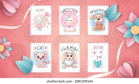 Set cute animal- idea for greeting card.