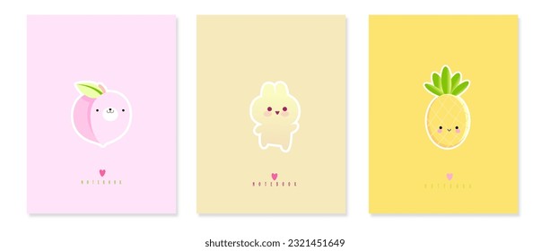 Set cute animal kawaii cover for notebook, design of kids books, brochures, templates for school diaries. Vector gradient illustration. Yellow and pink soft pastel color, peach, pineapple, bunny 