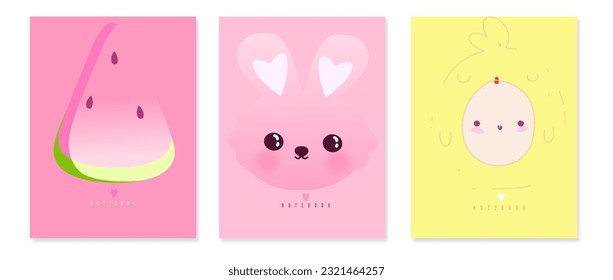 Set cute animal kawaii cover for notebook, design of kids books, brochures, templates for school diaries. Vector gradient illustration. Yellow and pink soft pastel color, watermelon , bunny, chicken 