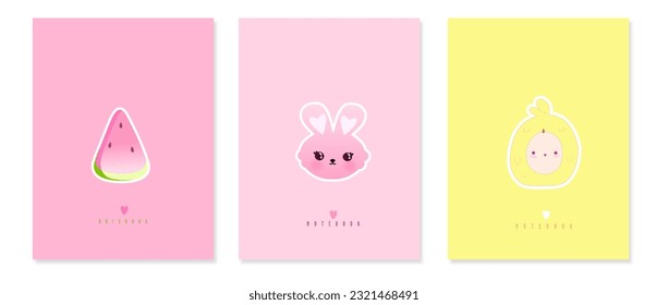 Coloca la cubierta de kawaii para cuaderno, diseño de libros para niños, folletos, plantillas para diarios escolares. Ilustración de gradiente vectorial. Color amarillo y rosa pastel suave, sandía, conejo, pollo 