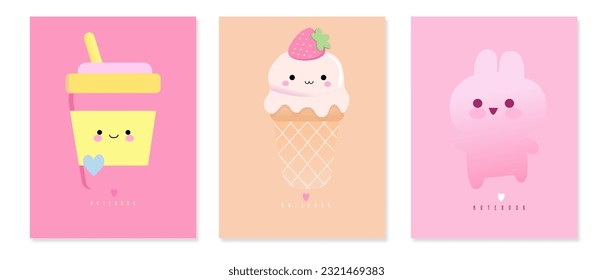 Set cute animal kawaii cover for notebook, design of kids books, brochures, templates for school diaries. Vector gradient illustration. Yellow and pink soft pastel color, bunny, ice cream, coffee tea