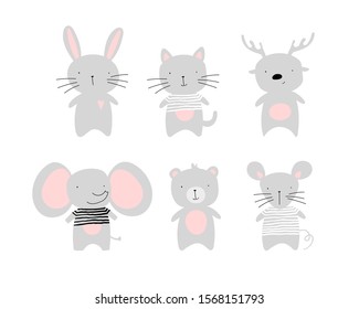 Set of cute animal kids. Elephant, bunny, mouse, deer, cat, bear. Characters for postcards, children's party. Vector flat stock isolated on a white background.