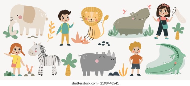 Set Of Cute Animal And Kids Vector. Friendly Wild Life With Lion, Hippo, Crocodile, Zebra, Elephant, Rhino, Children In Doodle Pattern. Adorable Funny Animal And Zoo Characters Hand Drawn Collection.