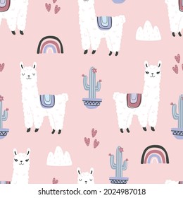 A set with cute animal llamas on a colored background. Vector illustration for printing on fabric, packaging paper, clothing. Cute children's background