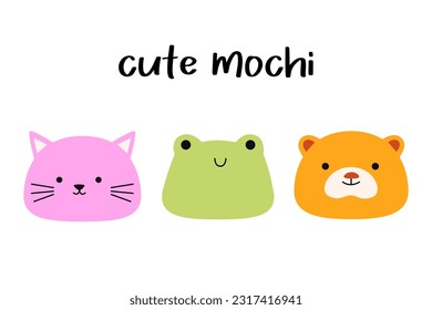 Set cute animal mochi. Cat, frog, bear cartoon characters. Japanese sweets and desserts. Kawaii print. Isolated on white background.