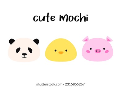 Set cute animal mochi. Panda, duck and pig cartoon characters. Japanese sweets and desserts. Kawaii print. Isolated on white background.