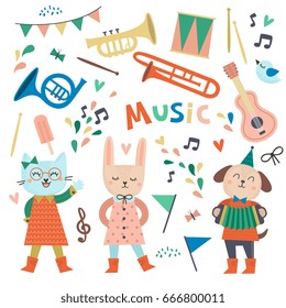  Set of cute animal musicians, musical elements. Child illustration in Scandinavian style.