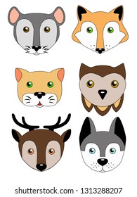 A set of cute animal muzzles. Children's illustration - funny animals. Mouse, Dog, Cat, Deer, Owl, Fox. Vector images with muzzles.