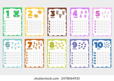 A set of cute animal number tracking cards. Learning numbers for children. Handwriting practice. Educational cards for children.