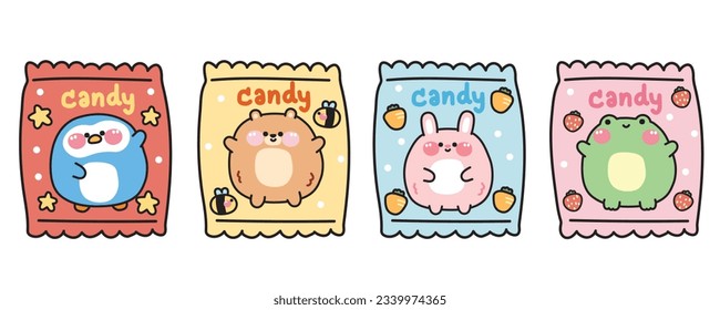 Set of cute animal on candy package.Animal character cartoon design.Penguin,teddy bear,rabbit,frog hand drawn.Dessert.Sweet.Kawaii.Vector.Illustration.