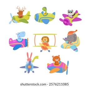 Set of cute animal on plane in sky collection.Aviator funny pilots cartoon transportation toy, baby turtle, deer, panda, lion, rhino, elephant, rabbit and bear character sticker. 