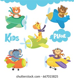 Set of cute animal on plane in sky.Funny pilots. Vector illustration