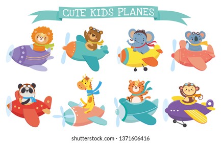 Set of cute animal on planes. Kids transport. Funny pilots. Giraffe, bear, tiger, elephant, monkey, lion, panda, koala. Vector illustration