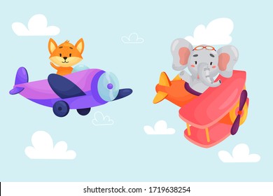 Set of cute animal on planes. Kids transport. Funny pilots. Fox, elephant. Vector illustration