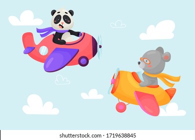 Set of cute animal on planes. Kids transport. Funny pilots. Bear, panda. Vector illustration