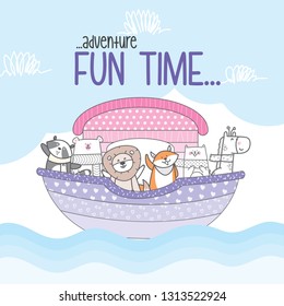Set. Cute animal on ship. Cartoon animal on boat. Hand drawn animal vector illustration. animal character vector-vector