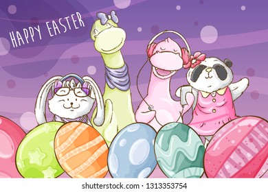 Set. Cute animal  pattern. Hand drawn vector illustration. happy easter - Vector