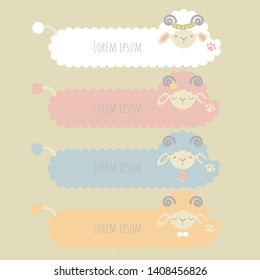 Set of cute animal pet farm sheep, lamb,  pastel color text box, banner, speech bubble balloon, think,speak,talk,template,art,flat,design,vector,illustration text box banner frame