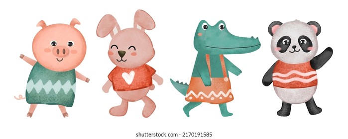 Set of cute animal with pig, crocodile, rabbit and panda in clothing and difference watercolor painting, cartoon character , vector illustration