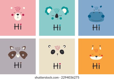 A set of cute animal portraits. Vector colorful design for children's clothes, poster, greeting card. Beautiful print for t-shirts