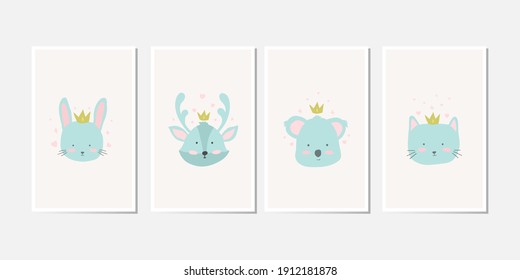 Set Of Cute Animal Poster For Nursery. Kids Posters With Little Rabbit, Deer, Koala And Cat Vector Illustration