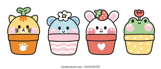 Set of cute animal in pot on white background.Pet  wild rodent animal character cartoon design.Image for sticker,card,kid product.Cat,bear,rabbit,frog hand drawn.Kawaii.Vector.Illustration.