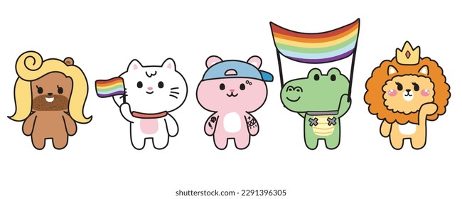 Conjunto de animales adorables con el concepto del mes del orgullo. El amor es amor. Bandera arcoiris. Cuenca alta del lago más león, cocodrilo, conejo, gato, dibujado a mano de oso. Kawaii.Vector.Ilustración.