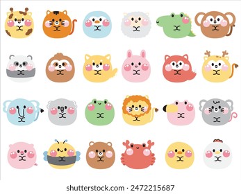 Conjunto de lindo animal en forma redonda.Animales de dibujos animados de carácter.Zoo colección.Wild,granja,pájaro,roedor,reptil,pet.Kawaii.Vector.ilustración. 