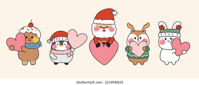 Juego de claus lindo animal y santa sostienen caricatura de burbujas de corazón grande. Colección de conceptos de navidad. Pan de jengibre, pingüino, ciervo, diseño de personajes de conejo. Kawaii.Vector.Ilustración.