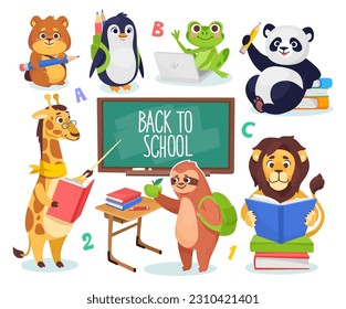 Set of cute animal schoolchildren icons isolated on white background. Characters of a Lion, panda, sloth, frog, hamster, laptop and penguin go back to school. Cartoon vector illustration.