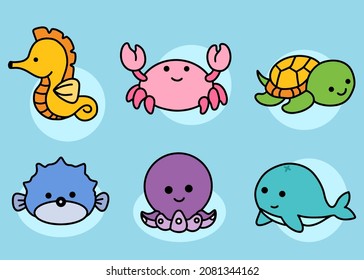 Set Cute Animal Sea Fish Ocean Cartoon Fish, Sea Horse, Crab, Turtle, Puffer, Squid, Octopus, Whale Fish Collection illustration