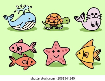 Set Cute Animal Sea Fish Ocean Cartoon Fish, Seals , Starfish, Turtle, Penguin, Fish Collection illustration