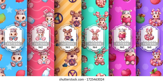 Set cute animal seamless pattern and cartoon character. Vector e