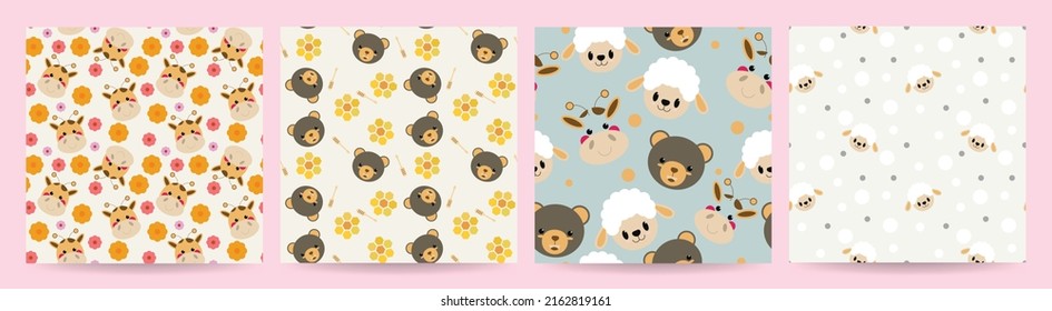 Set Of Cute Animal Seamless Pattern Vector. Adorable Flowers, Giraffes, Honey, Bears, And Sheep On Background. Cute Animal Repeated In Fabric Pattern For Prints, Wallpaper, Cover, Papers, Packaging