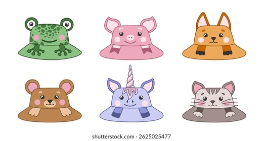 Set of cute animal shape childish summer hats design. Flat vector illustration on white background. Funny kids caps collection