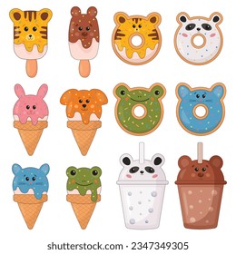 Set of cute animal shaped sweet desserts in kawaii style, smiling sweets ice cream, donut, cone, lemonade, bubble tea. Dessert and sweet collection for t-shirt print, stickers, greeting card design.