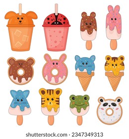 Set of cute animal shaped sweet desserts in kawaii style, smiling sweets ice cream, donut, cone, lemonade, bubble tea. Dessert and sweet collection for t-shirt print, stickers, greeting card design.