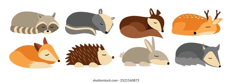 Conjunto de animais bonitos dormindo. Coleção de animais adormecidos de outono. Ilustração colorida do sono de animais. Racoon. Veado. Raposa. Coelho. Esquilo. Ouriço. Hibernar animal.