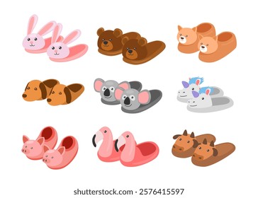 Set of cute animal slipper collection for kids and adults cartoon, Comfortable cartoon footwear for house, bedroom or hotel, animal heads with rabbit, bear, dog, koala, unicorn, pig, flamingo and cow.