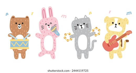 Set of cute animal soft hair playing musical instruments.Concert.Music.Song.Teddy bear,rabbit,cat,dog hand drawn.Character cartoon design.Kawaii.Vector.Illustration. 