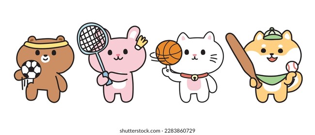 Set of cute animal in sport concept on white background.Wild and pet animals cartoon character design.Football,basketball,badminton,baseball.Kawaii.Vector.Illustration.