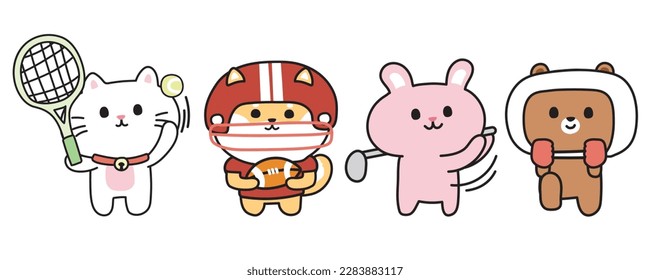 Set of cute animal in sport concept cartoon.Wild and pet cartoon character desing collection.Tennis,golf,american football,boxing.Kawaii.Vector.Illustration.