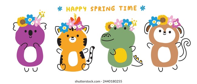 Set of cute animal in spring concept.Animals wear flower crown collection.Koala bear,tiger,crocodile,monkey hand drawn.Floral.Blooming.Kawaii.Vector.Illustration.