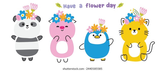 Set of cute animal in spring concept.Animals wear flower crown collection.Panda bear,pig,penguin,cat hand drawn.Floral.Blooming.Kawaii.Vector.Illustration.