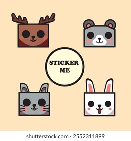 set of cute animal square stickers